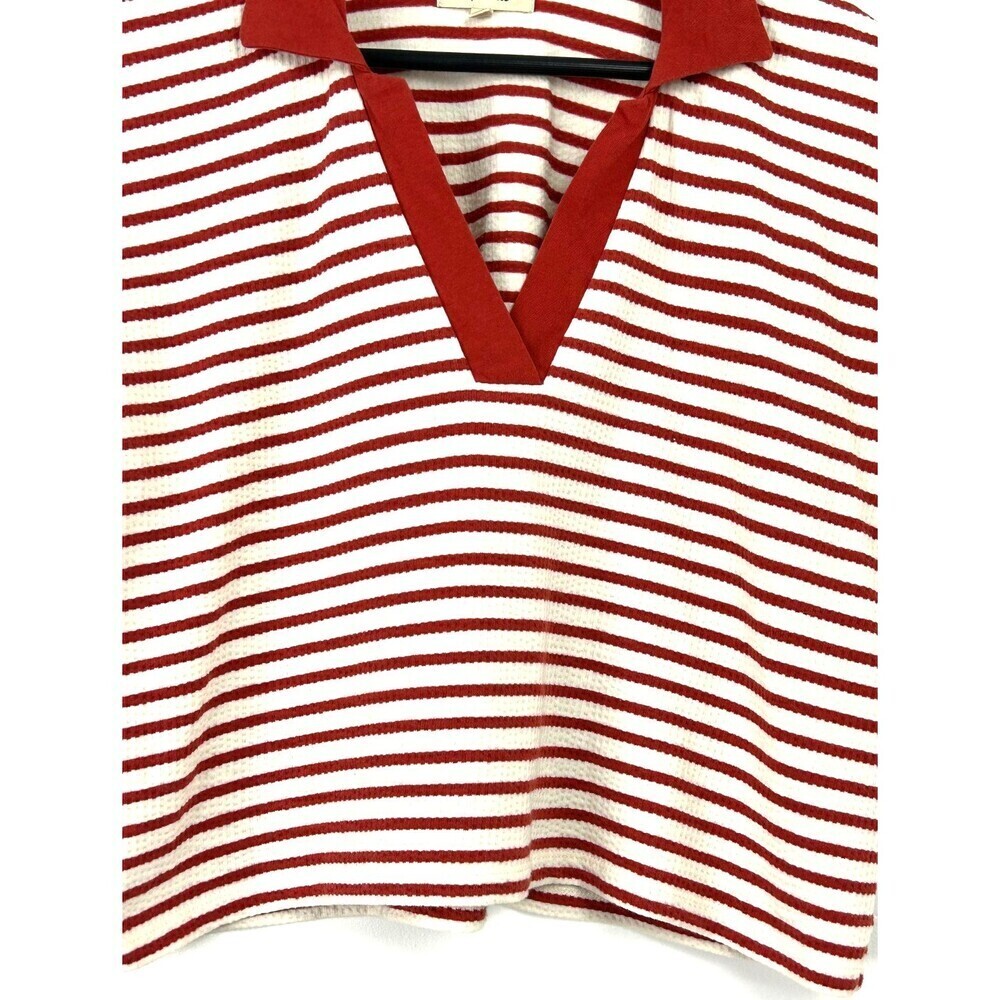 Madewell Women Burnt Red White Striped Texture Rib Cropped Polo Tee Sz S 1254H4 - Picture 9 of 12